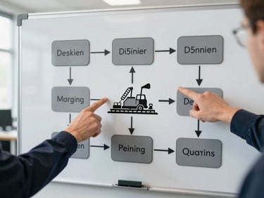 Technical diagram of a mining operation process on a whiteboard, with hands pointing to key decision nodes, natural office lighting