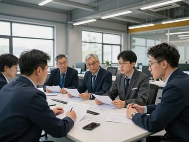 Corporate training session in an industrial facility boardroom, engineers collaborating over technical documents, natural daylight