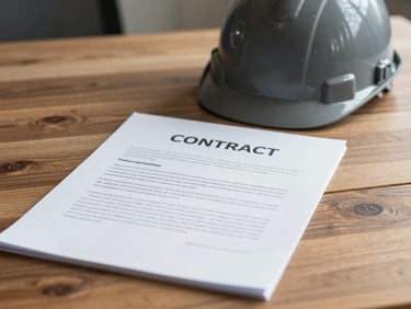 A close-up of a contract negotiation document on a heavy wooden desk, industrial safety helmet resting in the background, slate gray tones
