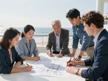 A professional team collaborating around a large white table with architectural sketches, soft morning sun, clean coastal tones.