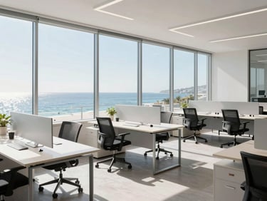 A bright, open-plan modern office workspace with natural morning light streaming through large windows, clean minimalist desks.