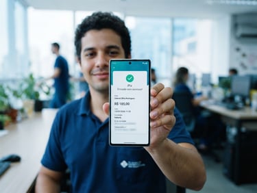 A close-up of a modern smartphone screen displaying a successful Pix transaction confirmation in Brazil, held by a relaxed worker, bright natural daylight, clean digital finance aesthetic