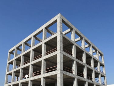 Sharp architectural photography of a modern concrete building under construction, geometric steel frames against a bright blue sky, crisp daylight, professional