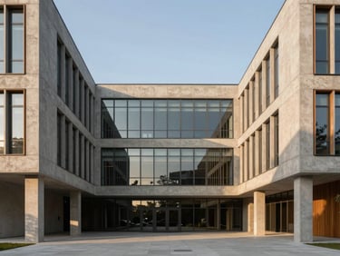 Symmetrical architectural photograph of a modern concrete and glass corporate headquarters, clean lines, sharp shadows, soft golden hour light, 35mm lens.