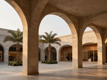 Architectural photography of a high-end open-air commercial space with architectural concrete arches, integrated palms, golden hour light, warm earth tones, clean lines, 35mm lens.