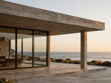 Architectural photography of a contemporary luxury pavilion overlooking the Pacific ocean, concrete pillars, floor-to-ceiling glass, warm evening light, warm earth tones, clean lines, 35mm lens.