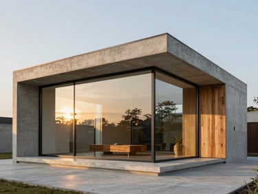 Architectural photography of a contemporary concrete and glass pavilion, soft golden hour light reflecting on polished surfaces, minimalist design, 35mm lens