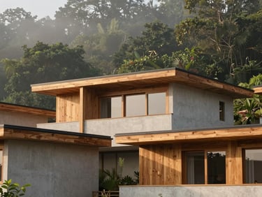 Architectural photography of boutique timber villas nestled in a green forest canopy, soft morning mist, architectural detail of wood joints, warm earth tones, clean lines, 35mm lens.
