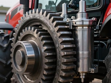 Macro close-up of heavy steel gears and hydraulic pistons of a modern tractor, natural high-contrast daylight, focus on mechanical precision and industrial steel.