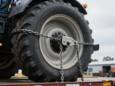 Close-up of industrial steel chains and heavy-duty tensioners securing a massive tractor wheel to a flatbed transporter, high contrast, overcast sky