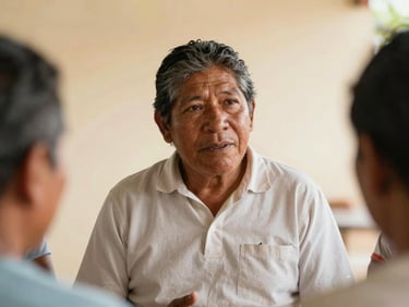 Candid portrait of an Afro-Colombian community leader speaking in a circle, soft natural light, respectful and focused expression, 35mm