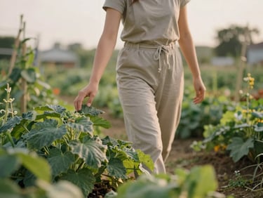 Candid shot of a woman in simple clothing walking through a community garden, touching green leaves, soft overcast daylight, organic textures
