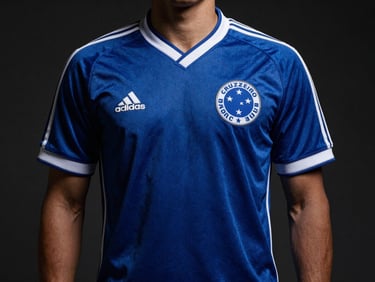 Classic retro soccer jersey of Cruzeiro 1997, deep blue with white stars scattered as crest, dramatic studio lighting, dark moody background, high contrast