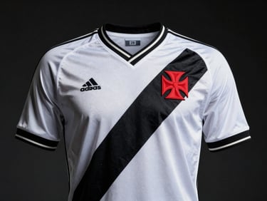 Classic retro soccer jersey of Vasco da Gama 1998, white with black diagonal sash, red cross crest, dramatic studio lighting, dark moody background, high contrast