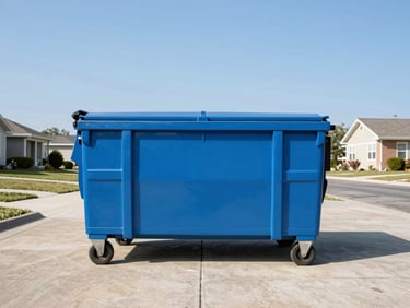A clean sky blue 10-yard dumpster placed neatly on a residential driveway under bright midday sun