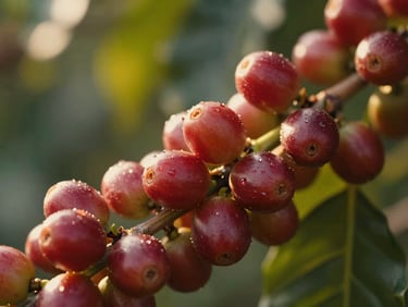 Macro close-up of ripe red coffee cherries on a branch, warm golden-hour natural sunlight, shallow depth of field, 35mm