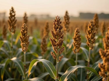 Golden sorghum seed heads swaying in a field during sunset, warm organic tones, shallow depth of field, 35mm