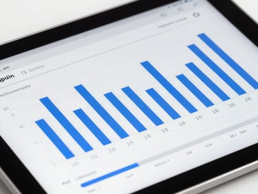 Macro close-up of a high-end digital tablet displaying a clean print production dashboard with progress bars, vibrant blue accents, bright studio lighting