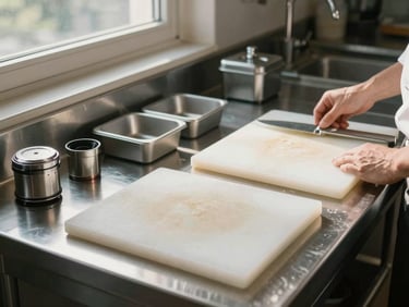 Wide shot of a stainless steel prep station surface in morning light, cutting boards and small equipment arranged by a chef's hands, window light from the left