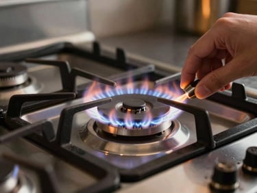 Close-up of a professional gas range burner mid-flame, hands adjusting the valve, warm tungsten light from above, dark kitchen background
