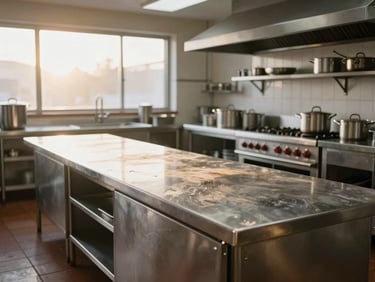 Wide environmental shot of an empty professional kitchen at dawn, warm window light raking across stainless steel prep counters, pots and pans racked in the background, no people, surfaces worn from years of daily use