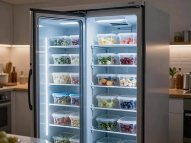 Interior of a professional reach-in refrigeration unit, door slightly open, cool blue ambient light contrasting with warm kitchen surroundings, shelves of prepped containers