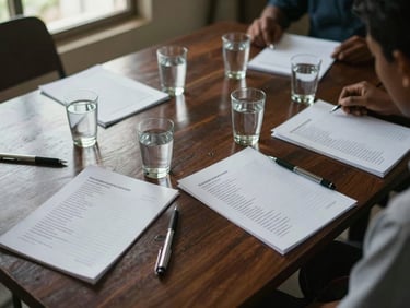 Overhead shot of a cooperative meeting table in Papua — printed agenda sheets, pens, and glasses of water arranged neatly, soft natural daylight from a side window, no people visible