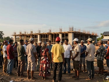Wide shot of a community gathering at a construction site in Papua, community leaders and workers standing in front of a partially built structure, golden hour daylight, open sky above