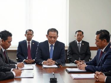 Medium shot of PERPESMA Papua leadership seated at a formal meeting table with bank officials, documents and folders visible, soft north-facing window light, clear organisational hierarchy in seating arrangement