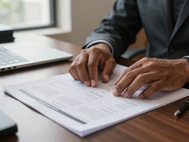 Close-up of an Indigenous Papuan man's hands placed on a printed organizational chart on a desk, natural window light from the left, formal office setting, documents and a pen visible