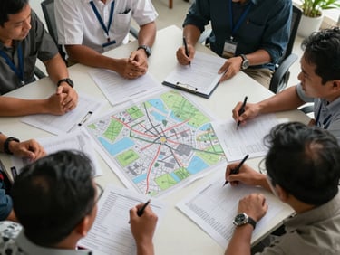Wide shot of a small group of Indigenous Papuan professionals in a planning session, overhead view showing printed maps and budget documents spread on a table, natural daylight