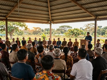 Community gathering in an outdoor pavilion in Papua — rows of seated adults facing a speaker at a podium, golden afternoon light filtering through the roof slats, clear leadership structure visible