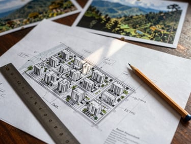 Close-up overhead shot of a site planning document for an urban housing project — printed maps with hand-drawn annotations, a ruler and pencil on the page, natural daylight from a nearby window casting soft shadows, Papua highlands context visible in a background photo pinned to the wall