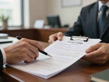 Close-up of hands reviewing a loan document on a desk in a bank branch, natural window light from the left, a pen resting on the paper, formal office background softly blurred
