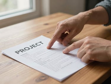 Close-up of hands pointing at a printed project proposal document on a wooden desk, natural window light from the left, planning notes visible alongside