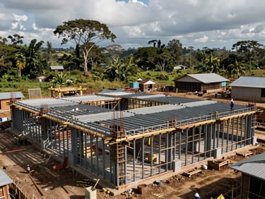 Wide shot of a private construction site in Papua — steel framework of a building in progress, workers in hard hats visible at the mid-ground, natural daylight, Papua highlands visible in the background