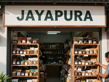 Small business storefront in Jayapura — hand-painted signage, wooden display shelves with local products, morning light entering from the front, owner's hands arranging items visible at the edge