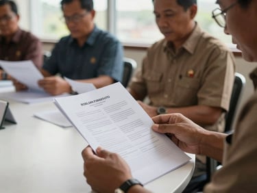 Indigenous Papuan official reviewing printed program proposal documents at a conference table, medium shot, soft north-facing window light, other participants partially visible in background