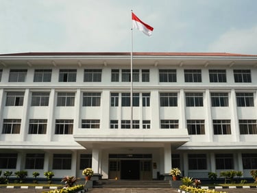 Wide shot of a government administrative building in Papua — formal facade with Indonesian flag visible, natural daylight, no people, clean architectural framing