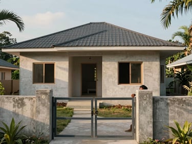 Wide environmental photograph of a modest but dignified newly constructed house in a Papua community setting — concrete walls, clean finishes, surrounded by greenery, photographed in warm golden morning light, a pair of hands resting on the front gate post in the foreground