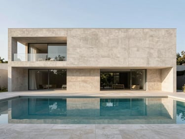 High-end architectural photography of a minimalist concrete villa in Venelles, wide-angle, pool reflection, bright natural daylight, soft shadows