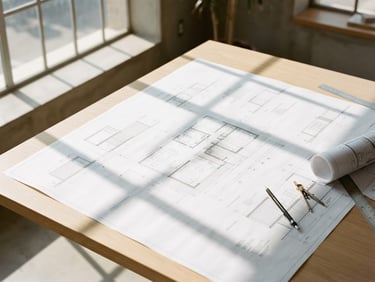 Architectural blueprint spread on a minimalist light oak table, natural morning light casting sharp geometric window shadows, elegant and precise composition, high-end photography