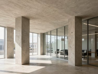 Wide-angle interior of a contemporary commercial office, raw concrete pillars, glass partitions, natural light, minimalist design