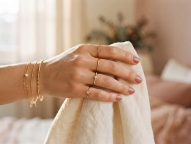 Close-up of delicate gold minimalist rings and bracelets on a hand holding a soft linen fabric, warm golden hour tones, shallow depth of field, 35mm