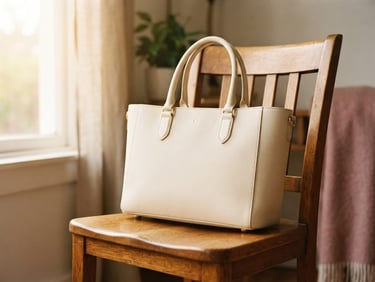 Elegant structured leather tote bag in warm cream resting on a wooden chair, soft morning light, editorial styling, shallow depth of field, 35mm