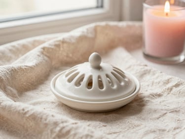 Warm editorial fashion photography, lifestyle flatlay of a delicate ceramic incense holder, linen textiles, and a soft pink candle, soft morning window light, cream and dusty rose tones, shallow depth of field, 35mm