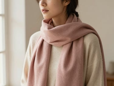 Warm editorial fashion photography of a woman wearing a dusty rose premium modest scarf, looking sideways, soft morning window light, cream and dusty rose tones, shallow depth of field, 35mm