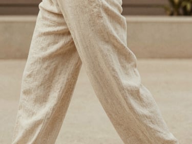 Close-up of wide-leg linen trousers in motion, showing the elegant fluid drape and fine side-seam stitching.