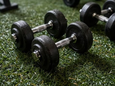 Close-up of heavy dumbbells on a gym floor under moody lighting, high contrast.