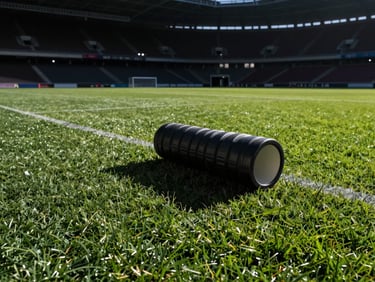 Foam roller and recovery tools on turf under harsh stadium lights, sharp shadows.